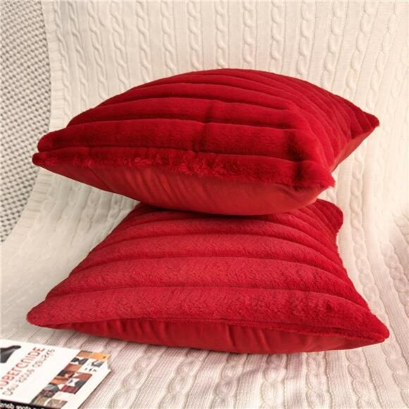 Red Faux Fur Velvet Pillow Covers 18x18 Set of 2 Soft Decorative Cushion Cases - Picture 2 of 8
